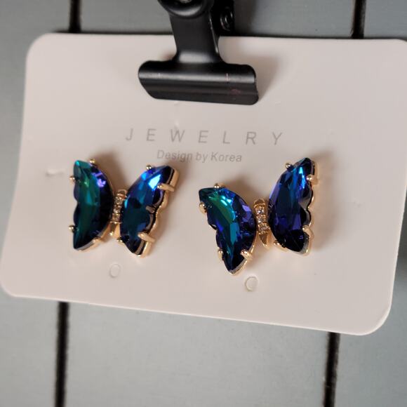 Blue Green Crystal Butterfly Stud Earrings Set of Korea Design, Gift Bag - Picture 6 of 14